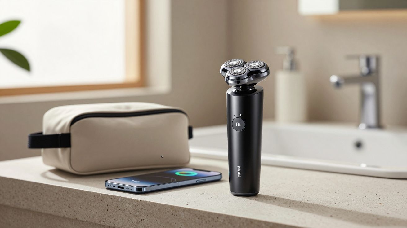 Aparador de barba elétrico preto, celular carregando e necessaire sobre bancada em banheiro.