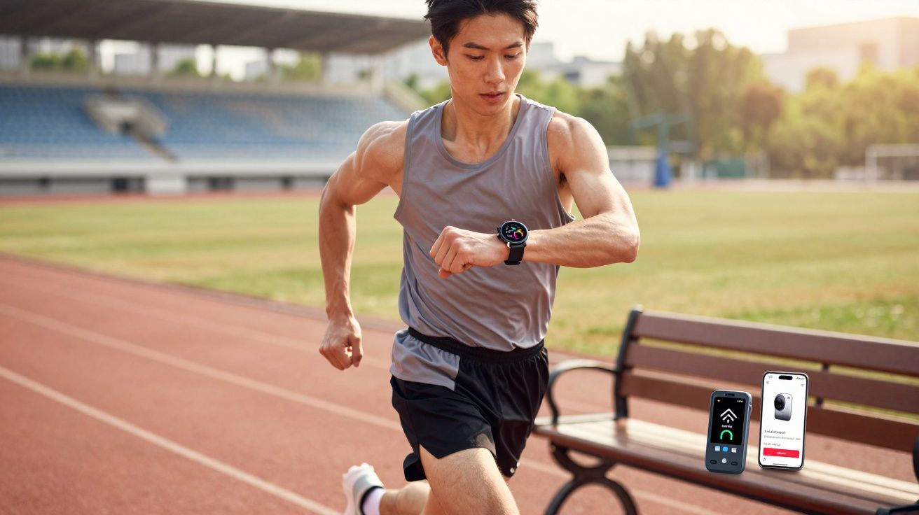 Homem correndo em pista de atletismo, conferindo relógio esportivo no pulso.