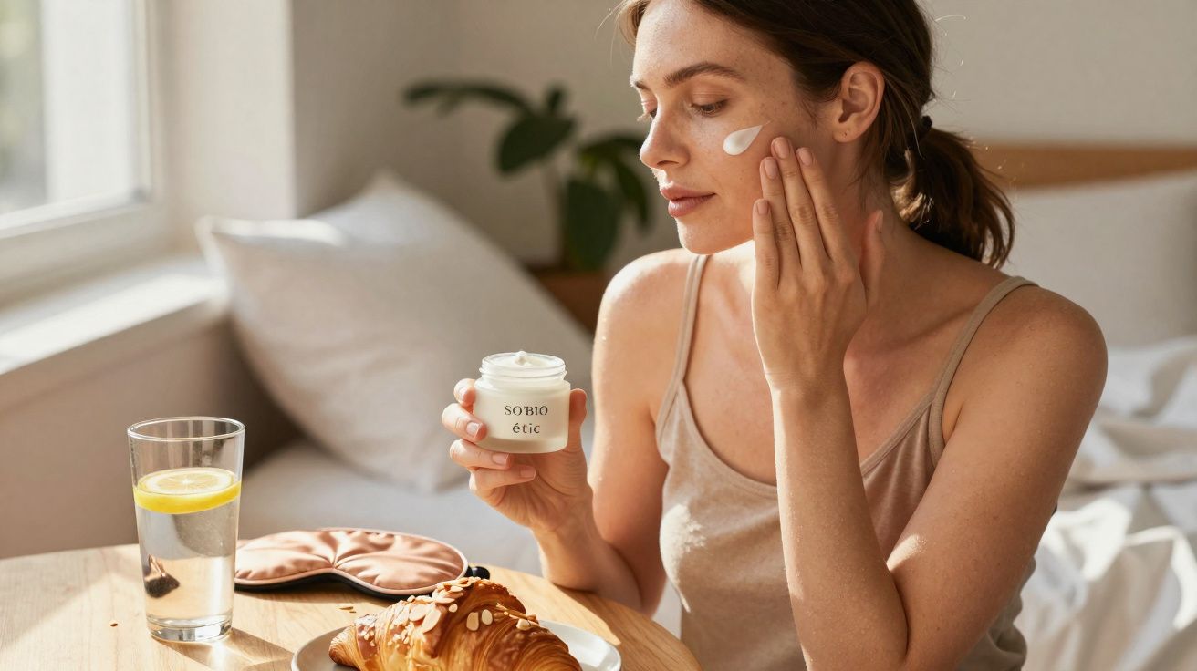 Mulher aplicando creme facial sentada à mesa com croissant, copo de água e máscara de dormir.
