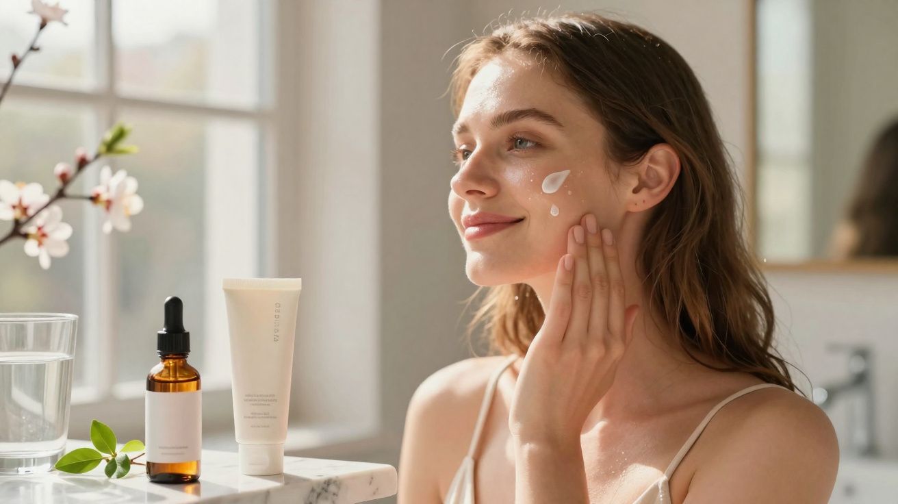 Mulher aplicando creme facial, com frascos de cosméticos e copo de água à frente, em ambiente iluminado.