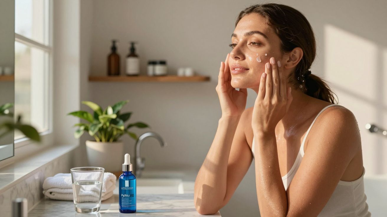 Mulher aplicando creme no rosto em banheiro iluminado com garrafa de sérum sobre pia.
