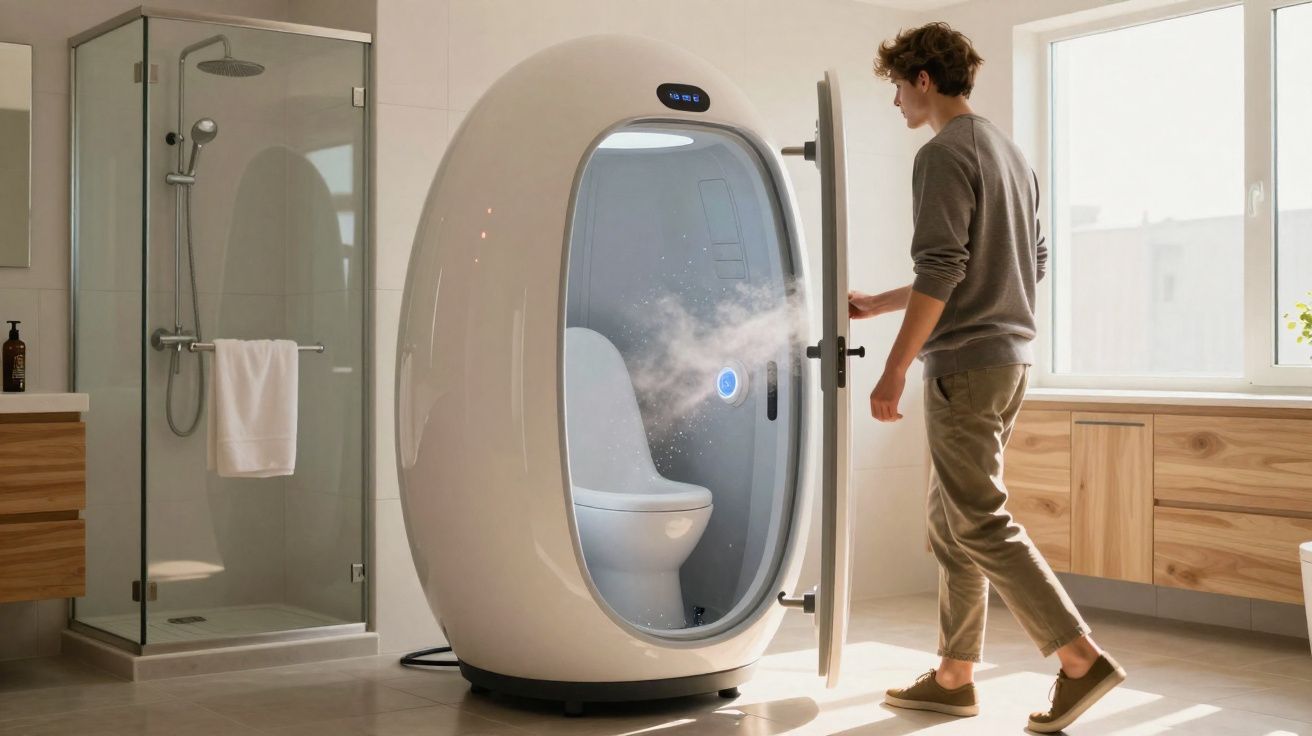 Homem abrindo cabine futurista branca com interior iluminado e spray em ambiente de banheiro moderno.