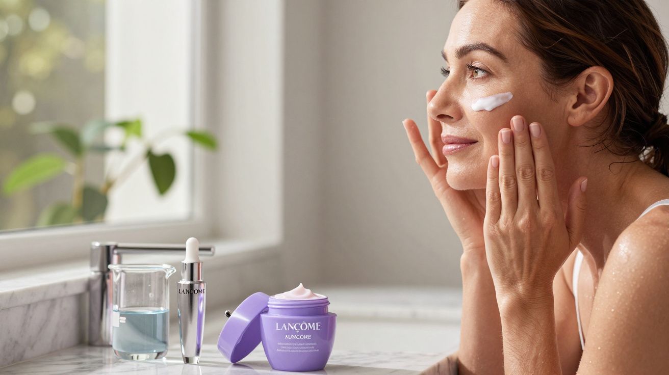 Mulher aplica creme facial Lancôme, com rosto iluminado em ambiente de banheiro claro.