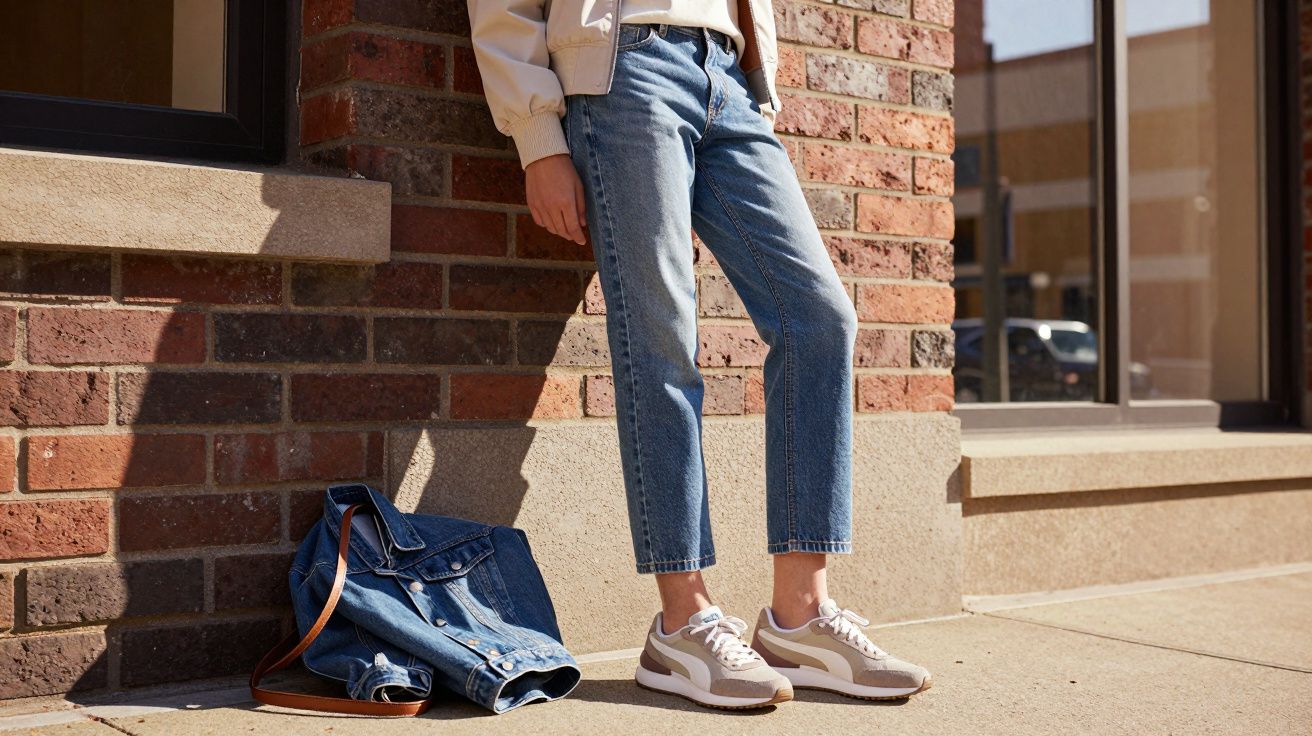 Pessoa vestindo calça jeans e tênis branco encostada em parede de tijolos com jaqueta jeans no chão.