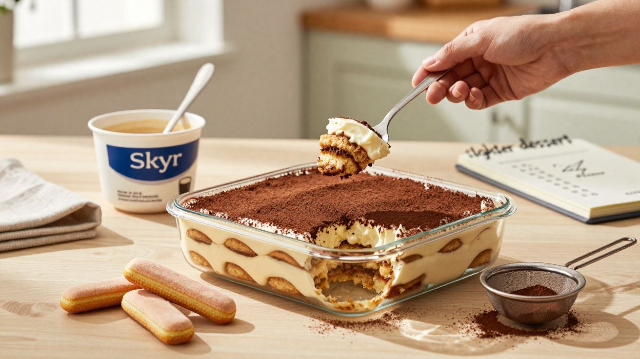 Sobremesa tipo tiramisu em travessa de vidro, cacau polvilhado, biscoitos e potinho de iogurte Skyr ao lado.