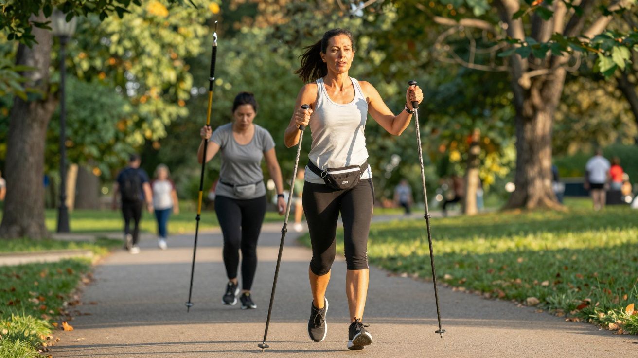 Duas mulheres praticando caminhada com bastões em parque ensolarado com árvores ao redor.
