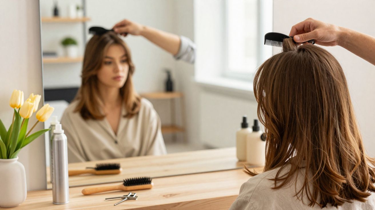 Mulher penteando o cabelo na frente do espelho em um ambiente claro e organizado.