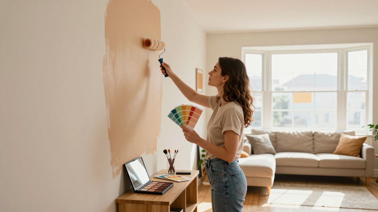 Mulher pintando parede de bege com rolo em sala iluminada, segurando paleta de cores.