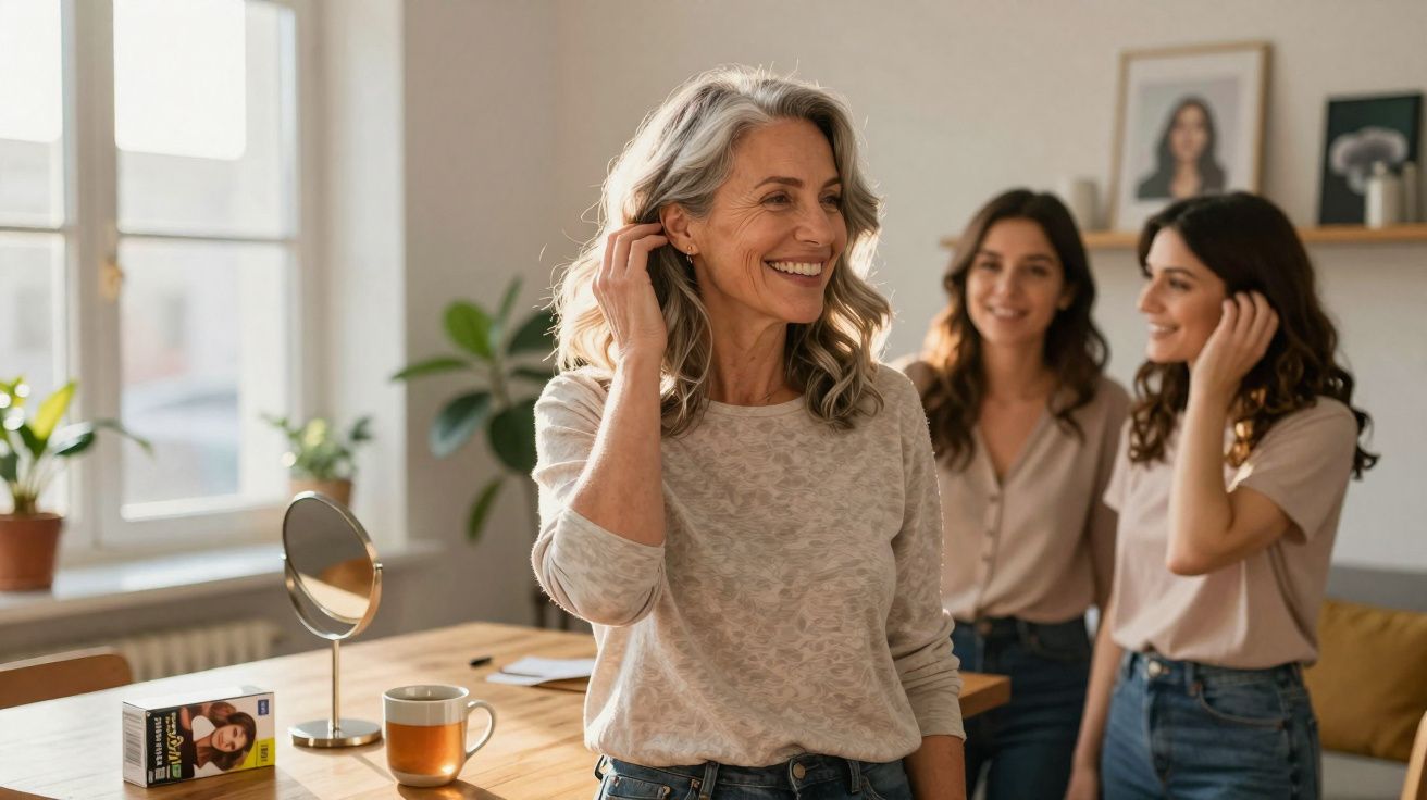Mulher mais velha sorrindo em sala com duas jovens ao fundo, ambiente iluminado e acolhedor.