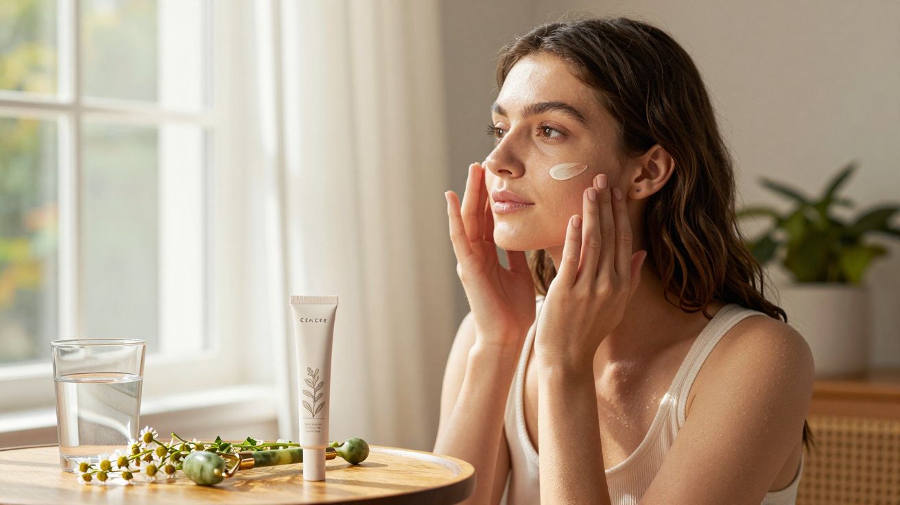 Mulher aplica creme facial sentada à mesa com luz natural e planta ao fundo.