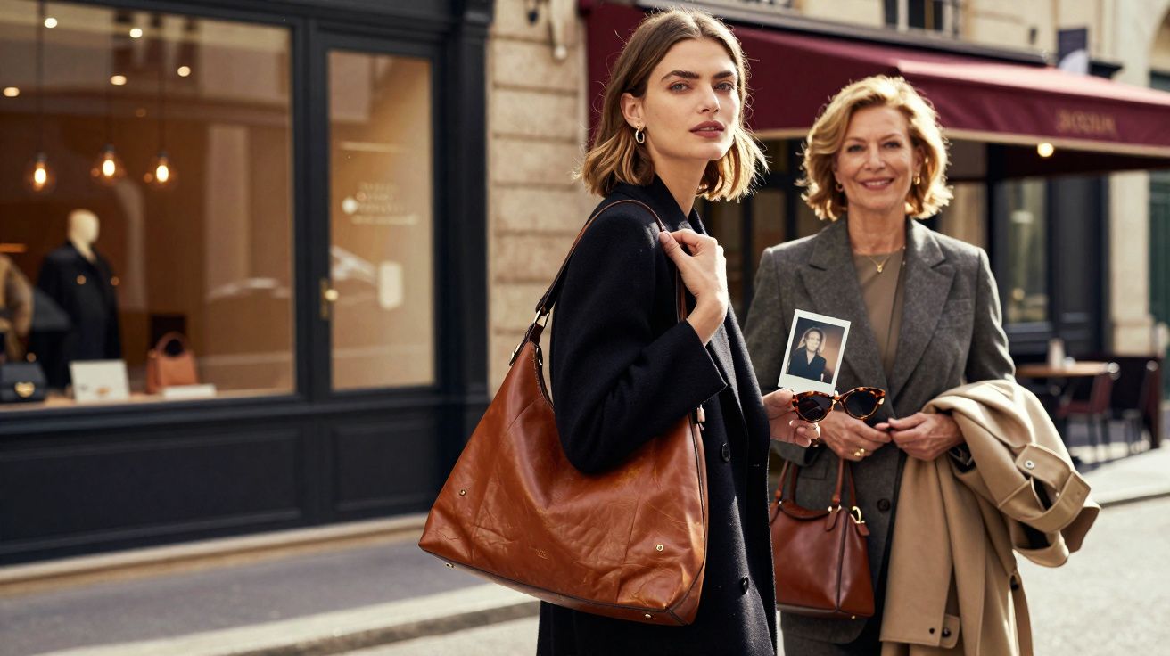 Duas mulheres elegantes em rua urbana, uma com bolsa marrom e a outra segurando casaco e foto.