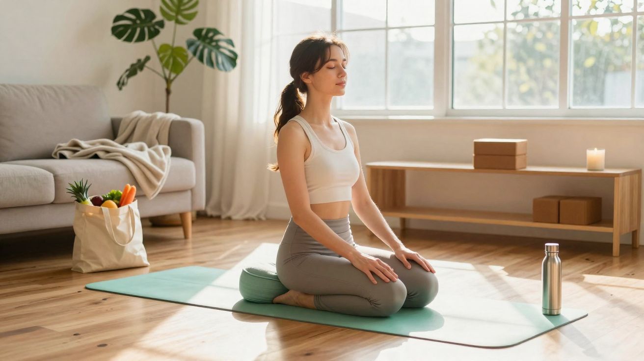 Mulher sentada em posição de yoga, meditando em tapete verde em sala iluminada pela manhã.
