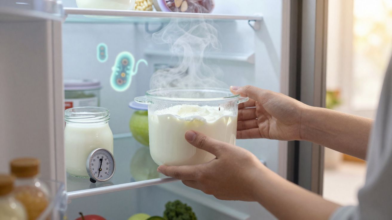 Mãos colocando pote quente de vidro com vapor dentro da geladeira aberta.