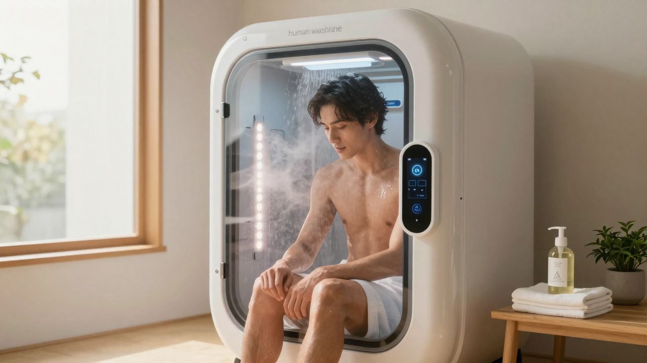 Homem sentado em cápsula futurista de banho a vapor em ambiente claro e minimalista.