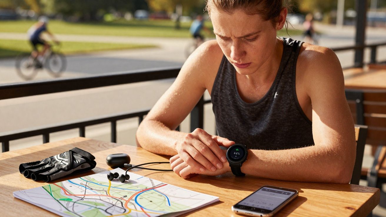 Pessoa em roupa esportiva olhando relógio inteligente sentada em mesa com mapa, luvas, fones e celular.
