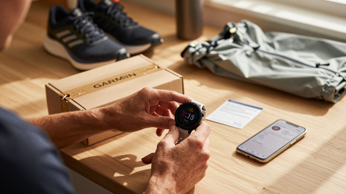 Pessoa segurando relógio esportivo Garmin enquanto outros itens como tênis, caixa e celular estão sobre a mesa.