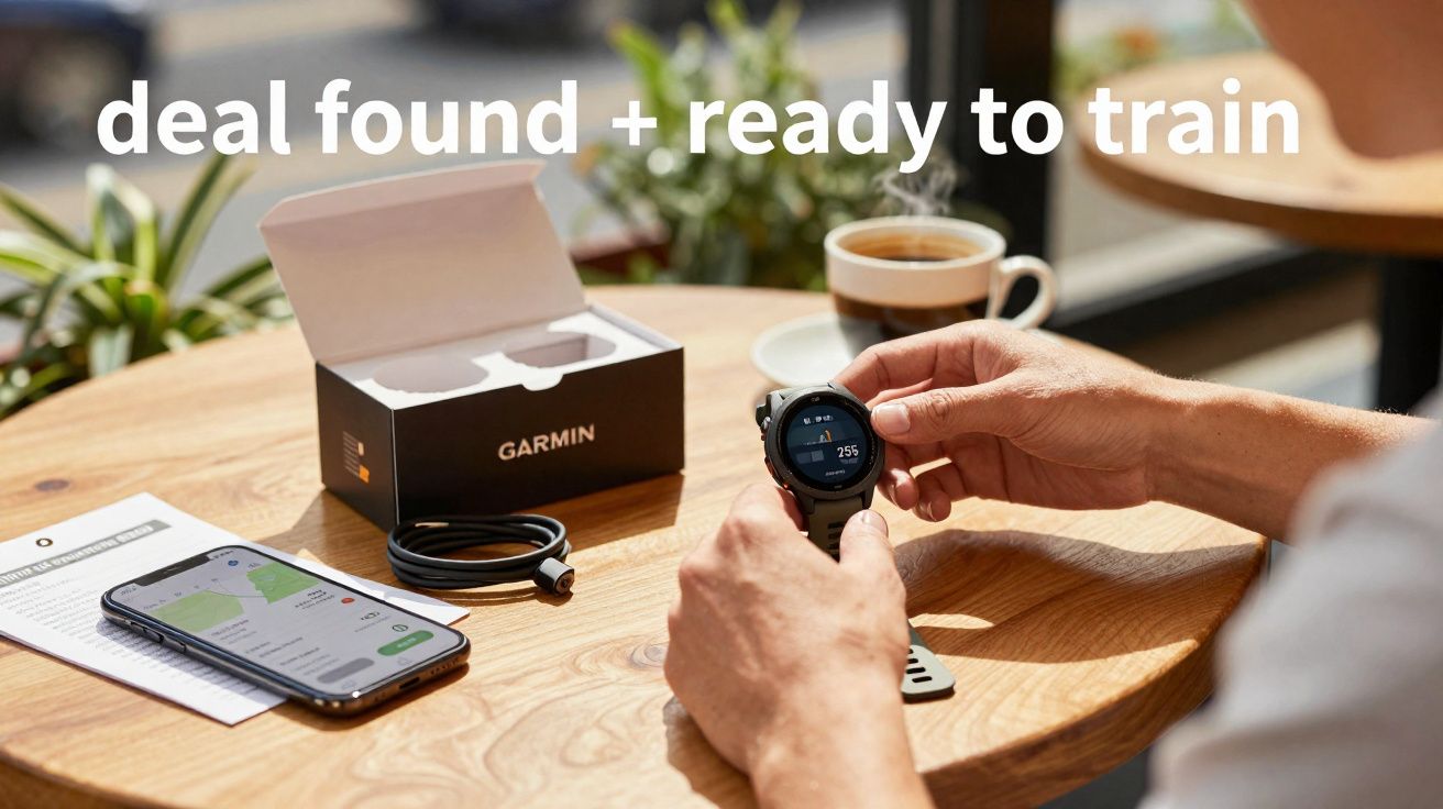 Pessoa segurando relógio Garmin à mesa com caixa, celular, café e texto "deal found + ready to train" no fundo.