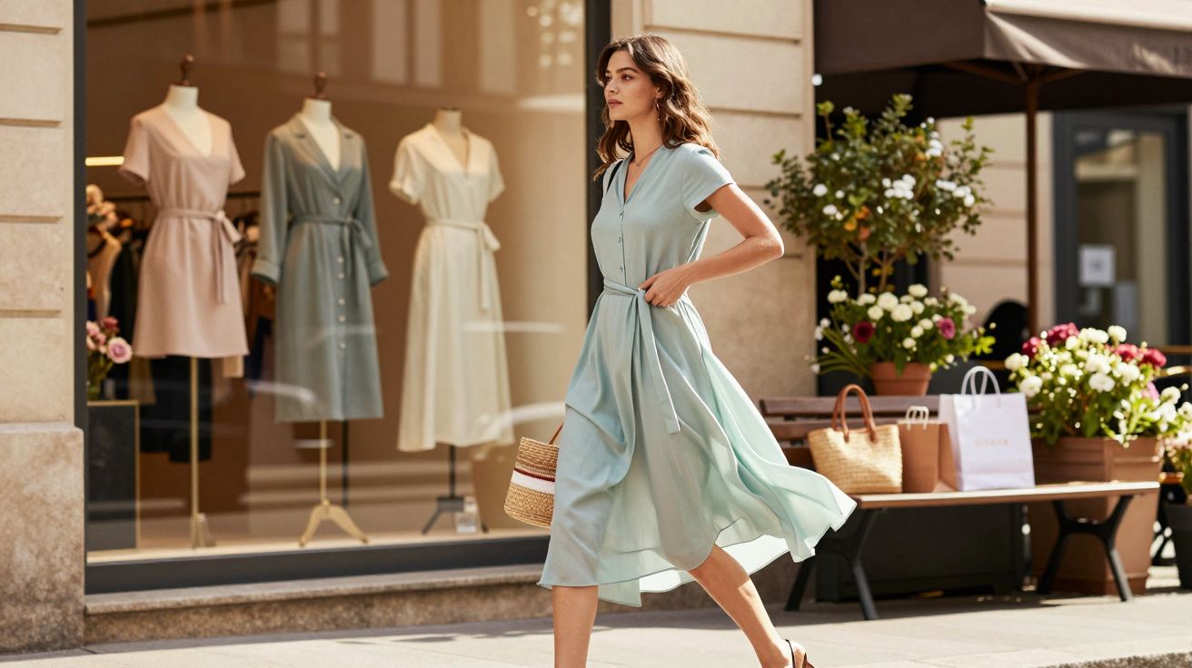 Mulher caminhando em calçado rasteiro com vestido azul claro fluido e bolsa em praça urbana diante de vitrine com manequins.