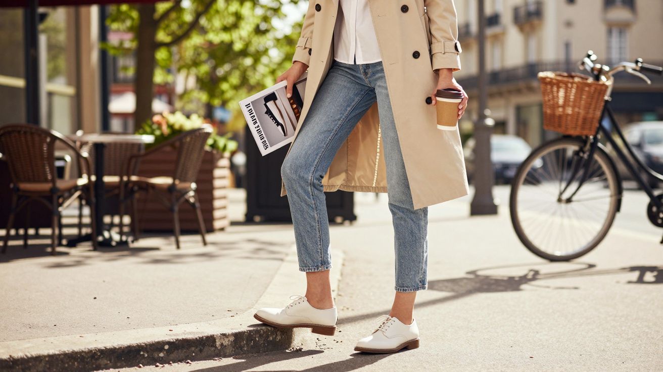Pessoa com casaco bege, jeans e sapatos brancos segurando livro e copo de café em rua urbana ao ar livre.