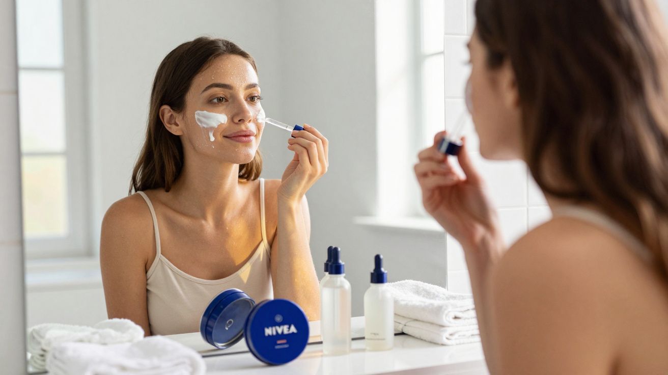 Mulher aplicando creme facial com pincel na frente do espelho em banheiro iluminado.