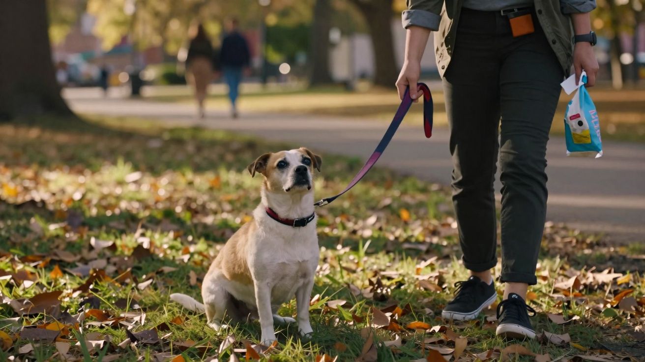 Pessoa caminhando com cachorro de coleira em parque com folhas secas no chão.