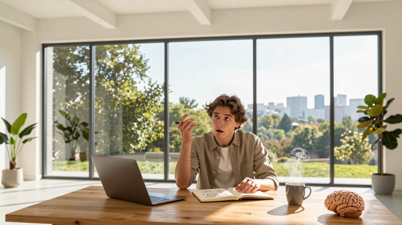 Jovem pensando enquanto estuda com notebook, caderno, caneca e modelo de cérebro sobre mesa em sala iluminada.