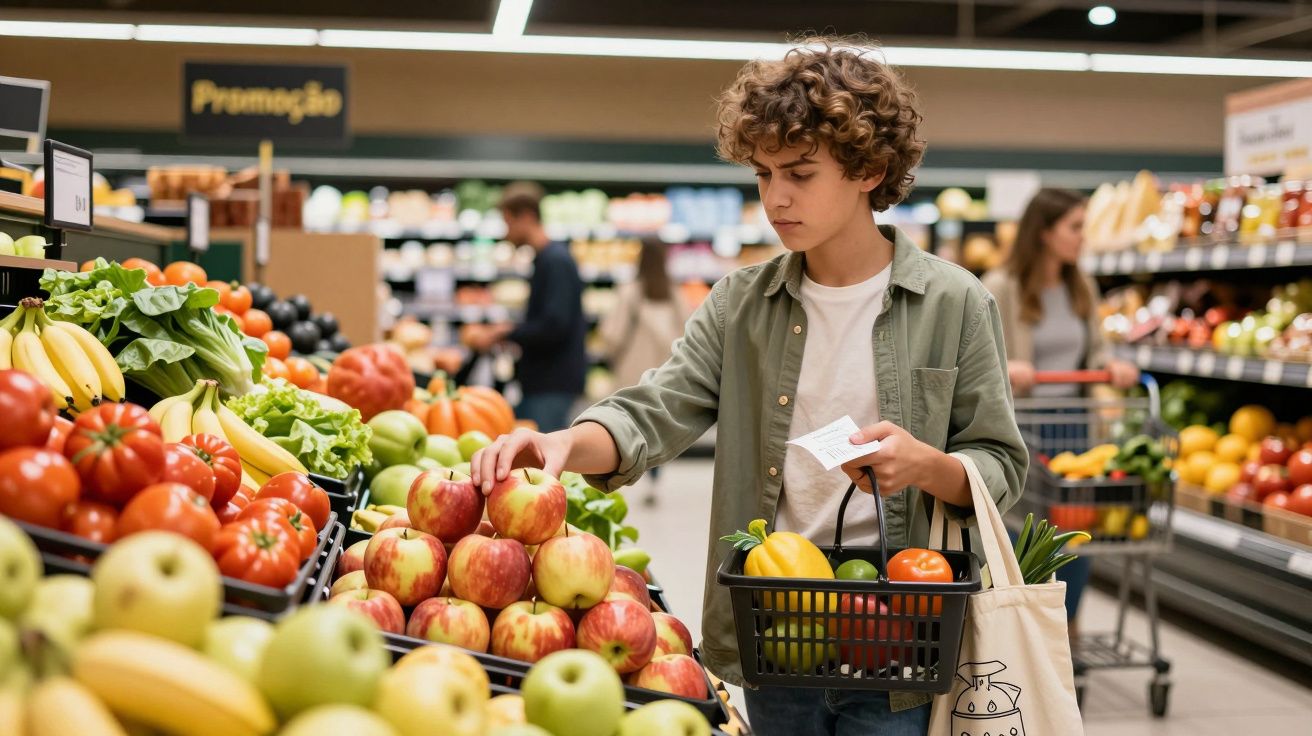 Jovem escolhendo maçãs na seção de frutas de supermercado enquanto segura cesta e lista de compras.