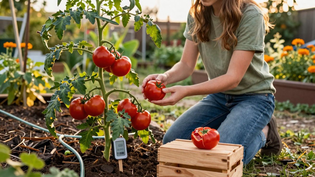 Mulher colhendo tomates vermelhos maduros em plantação residencial ao ar livre.