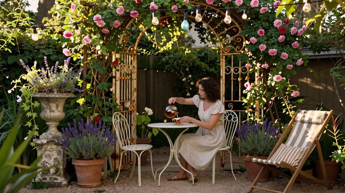 Mulher sentada em jardim decorado com rosas e luzes, servindo chá em mesa de ferro branca.