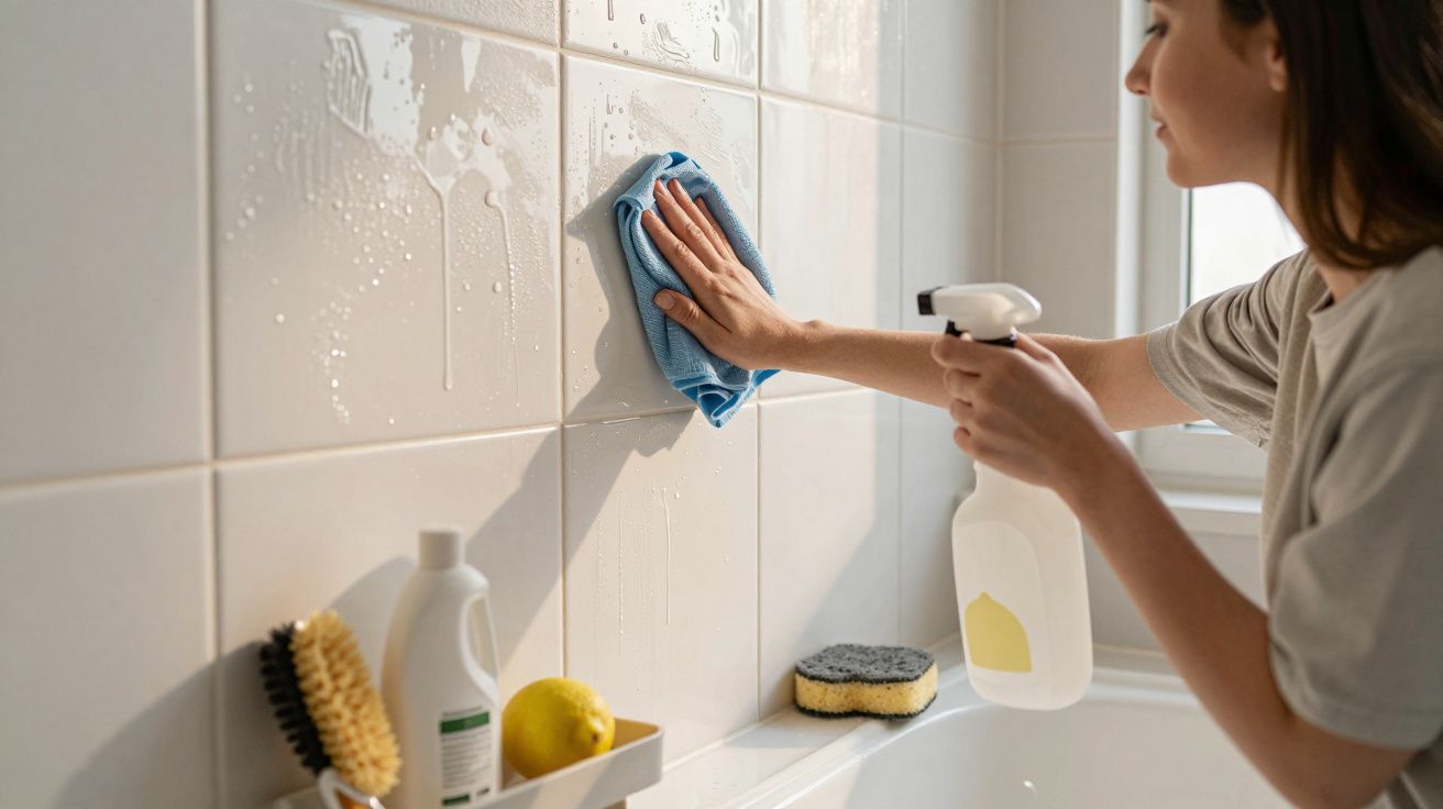 Pessoa limpando azulejos brancos de banheiro com pano azul e borrifador branco.