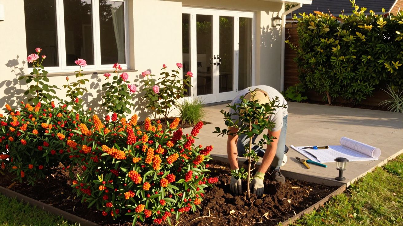 Pessoa plantando árvore em jardim com flores ao redor, em área externa de casa ensolarada.