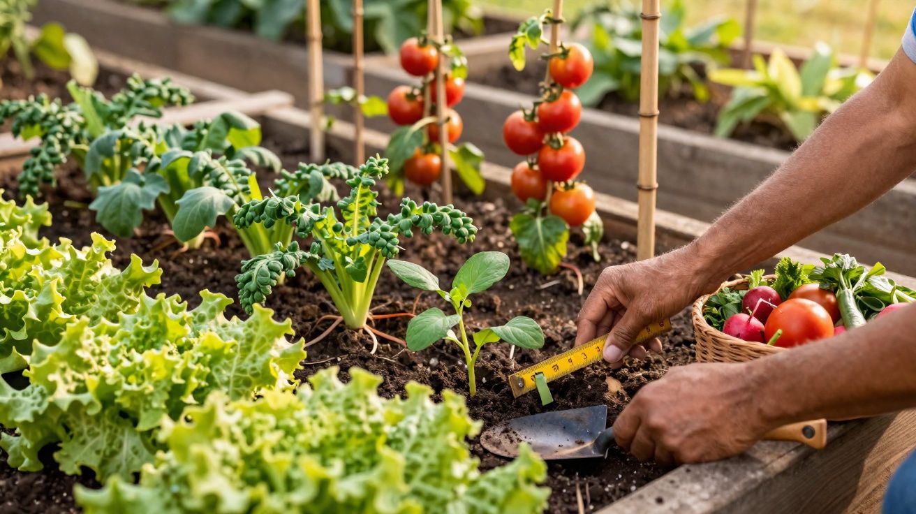 Pessoa medindo o espaço entre plantas em canteiro com alface, tomate e outros vegetais.