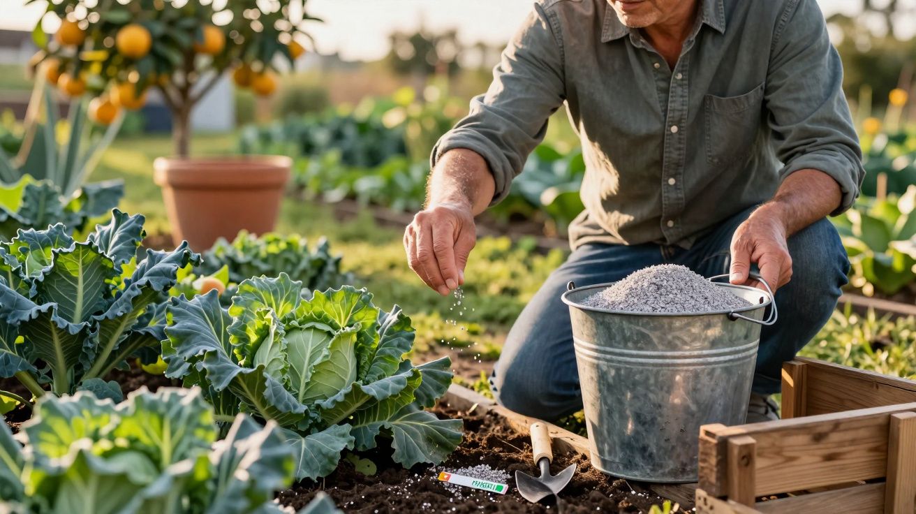 Homem aplicando fertilizante em plantas de repolho em horta caseira durante o dia.