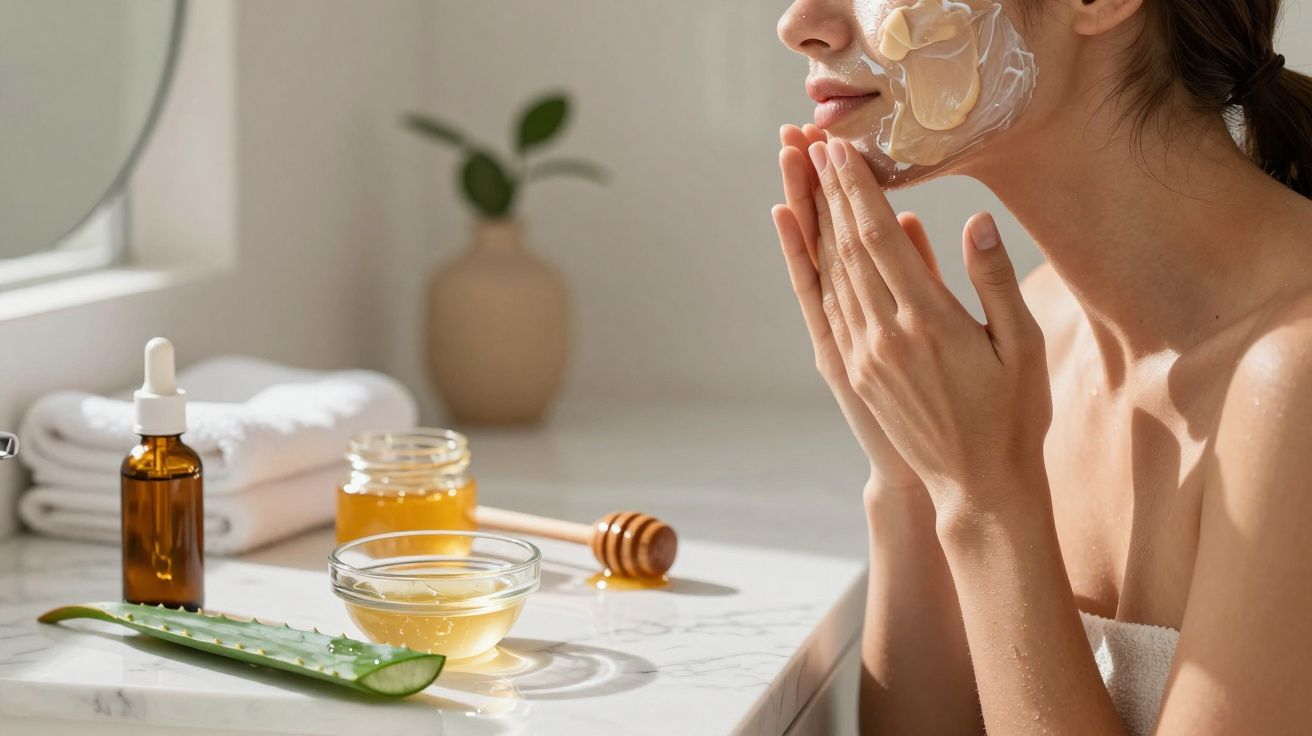 Mulher aplicando máscara facial hidratante, com produtos naturais como mel, aloe vera e óleo sobre bancada.