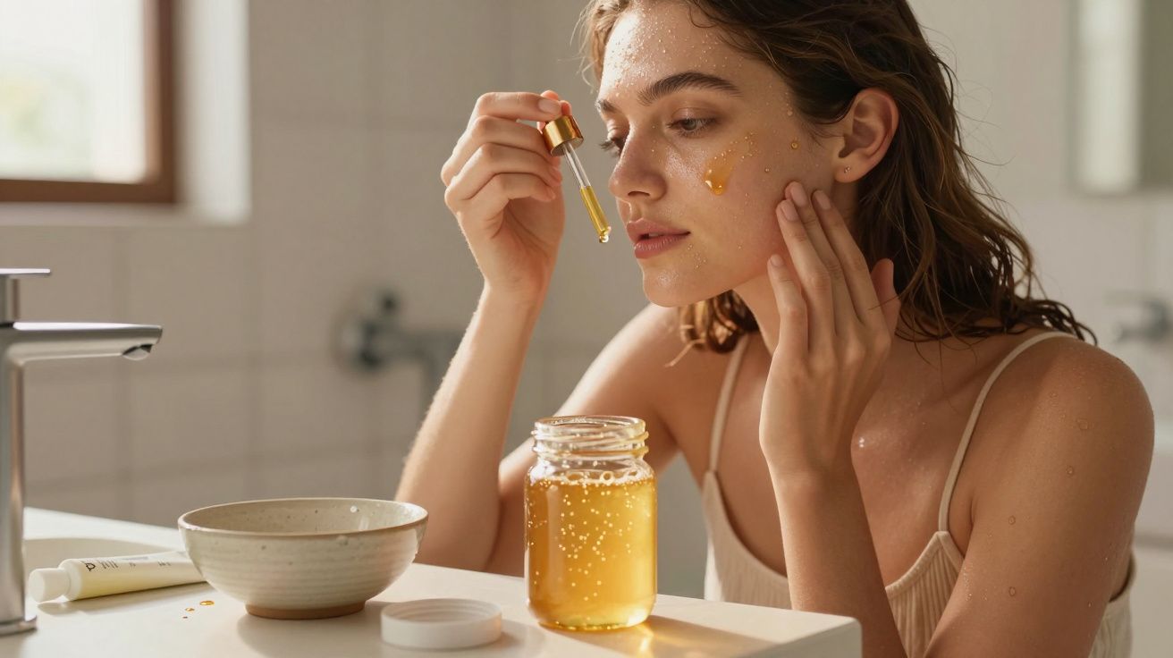 Mulher aplica sérum facial com conta-gotas ao redor dos olhos, sentada em banheiro iluminado.