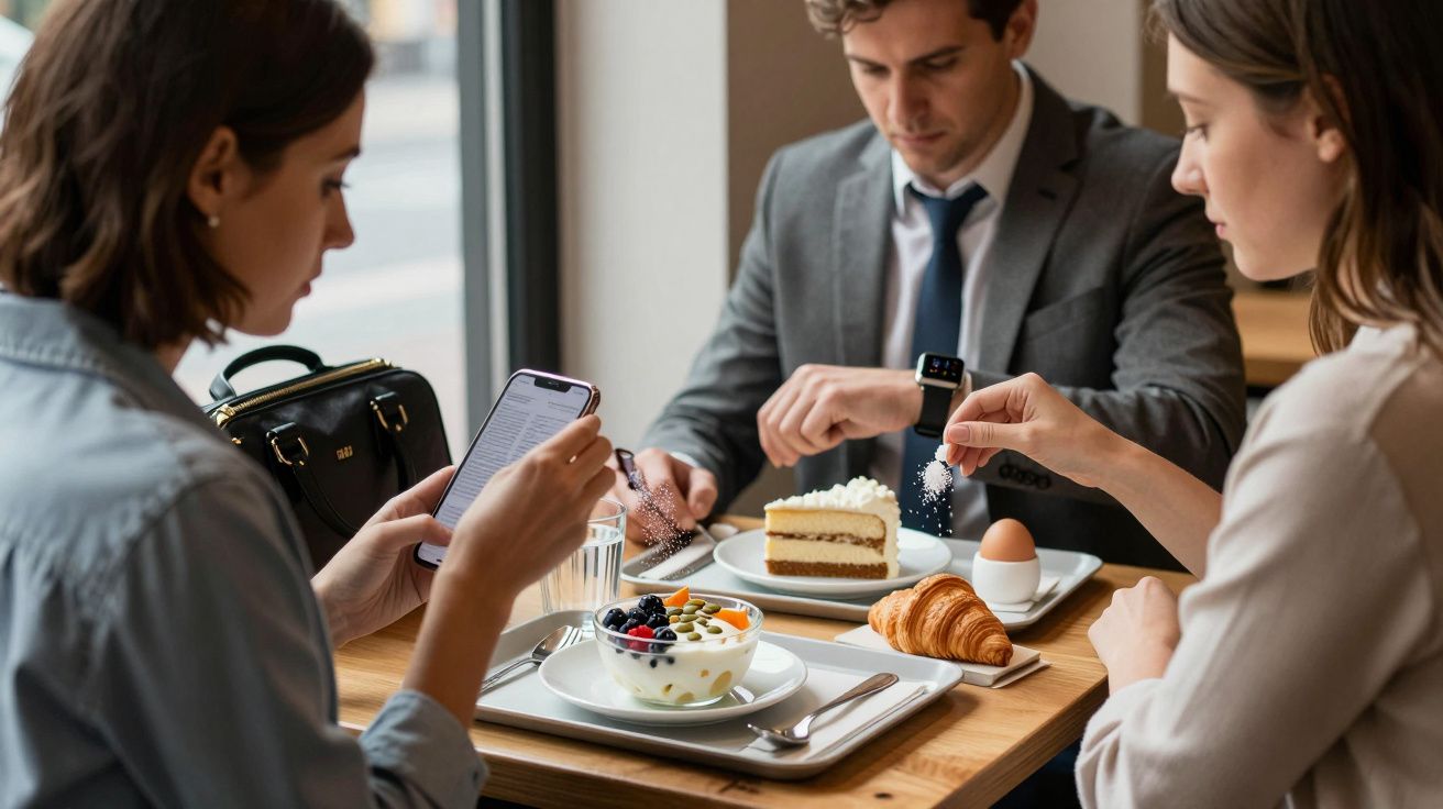 Três pessoas sentadas em mesa de café da manhã com comidas diversas e uma usando celular.