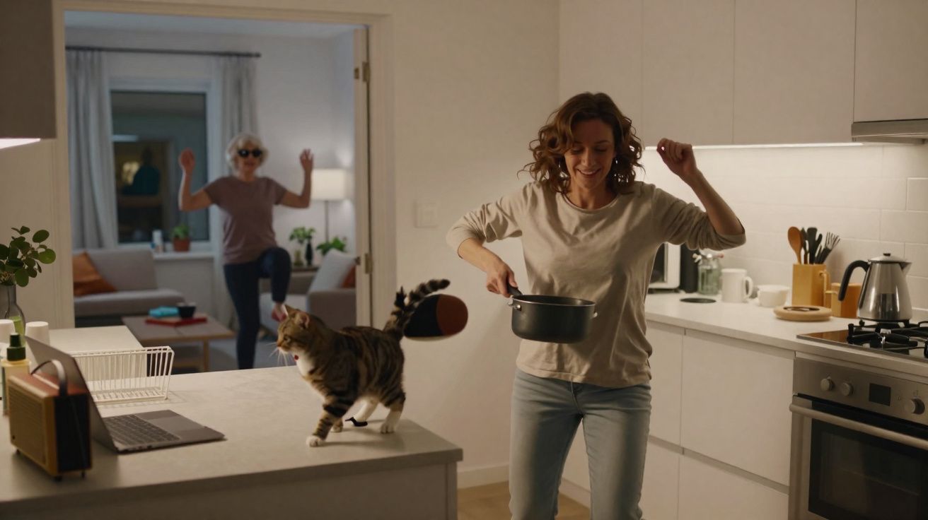 Mulher sorrindo dança na cozinha com panela na mão, gato no balcão e outra pessoa ao fundo dançando.