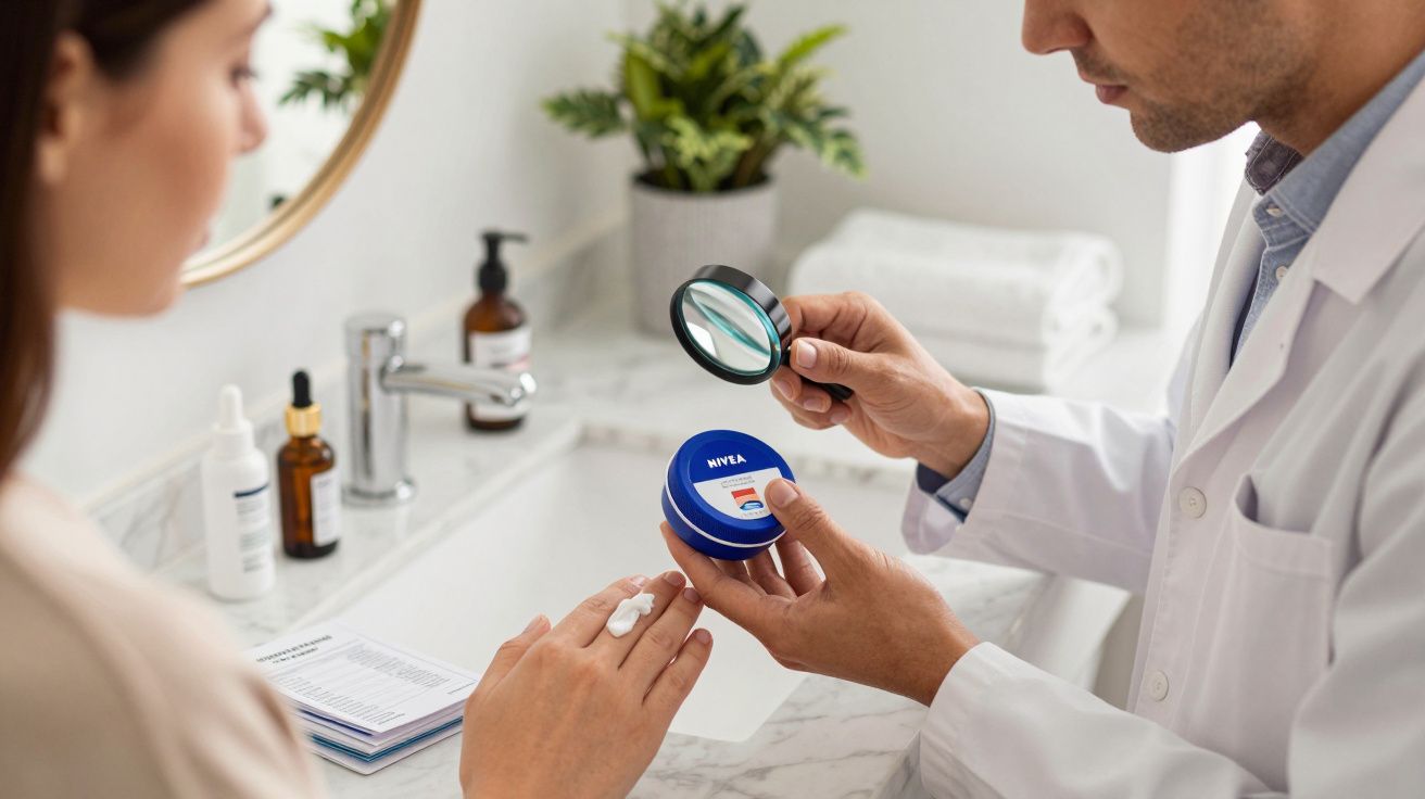 Especialista analisa creme Nivea com lupa enquanto aplica na mão de paciente em consultório.