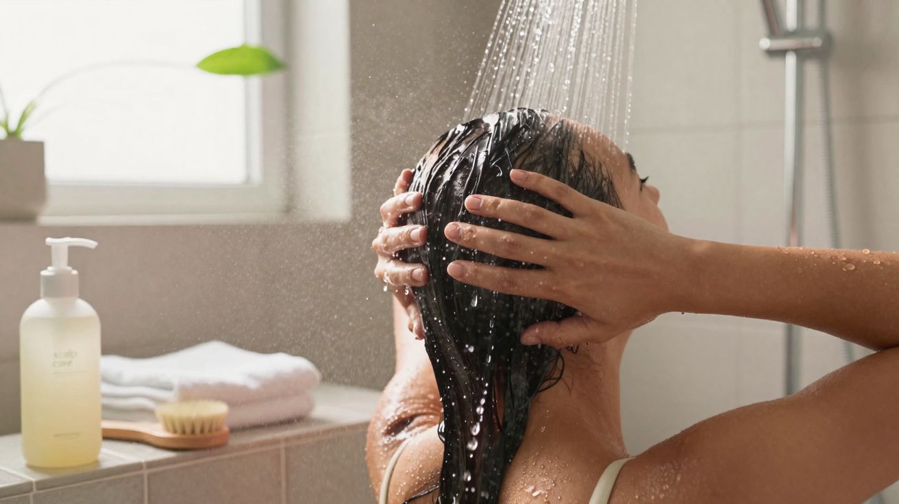 Pessoa lavando o cabelo no chuveiro em banheiro claro com toalhas e sabonete líquido ao lado.