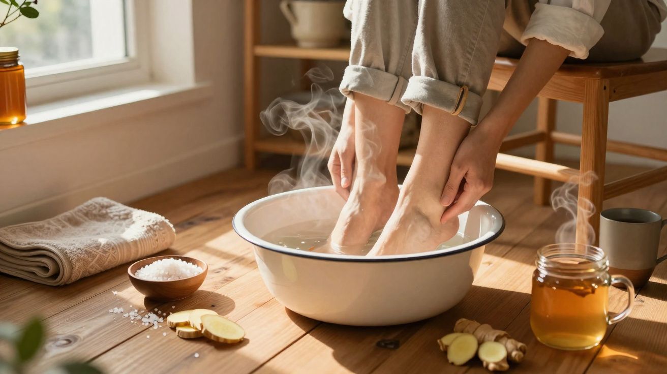 Pessoa com os pés imersos em uma bacia com água quente que libera vapor, ao lado de gengibre, sal e chá quente.