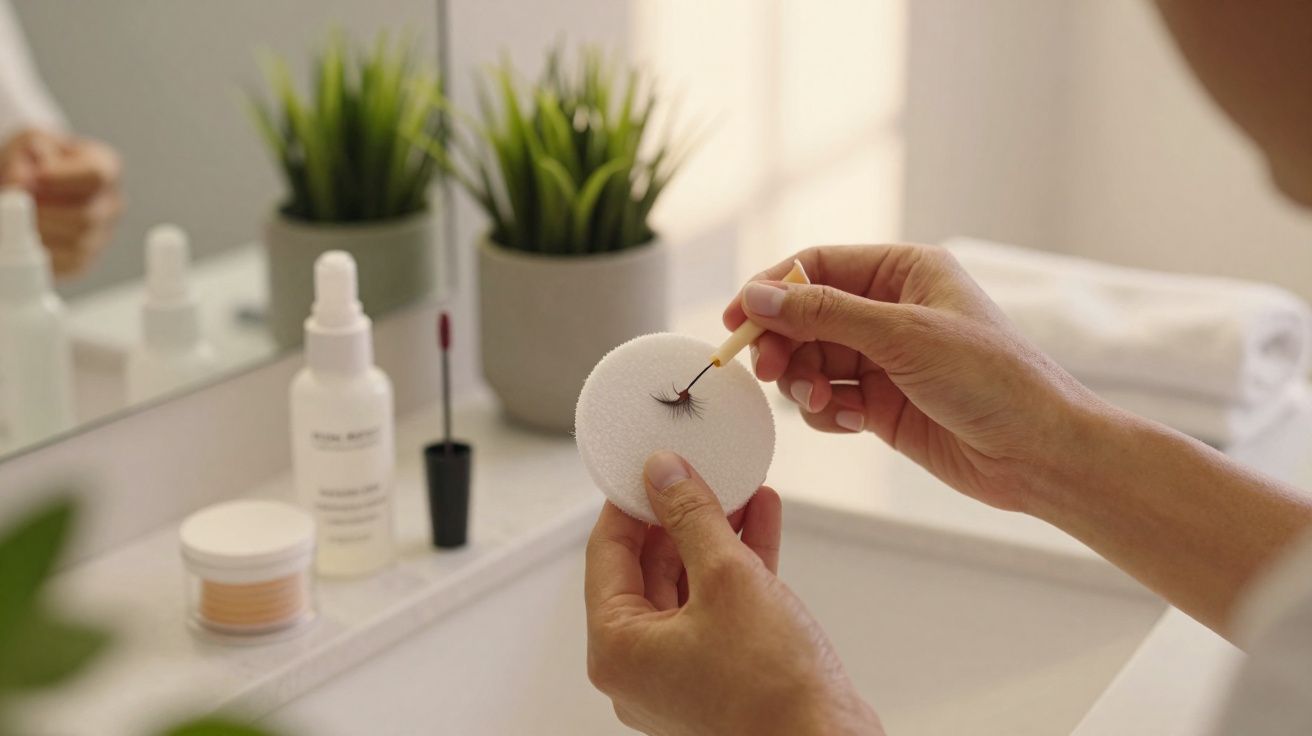 Mãos segurando cílios postiços e aplicador, com produtos de beleza e plantas ao fundo no banheiro.