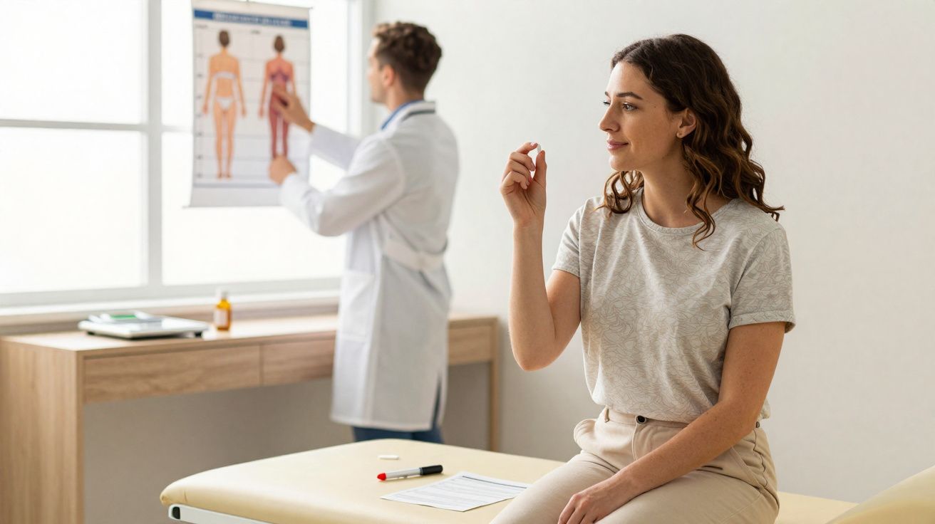 Mulher gesticulando em consultório médico com profissional explicando anatomia na parede ao fundo.