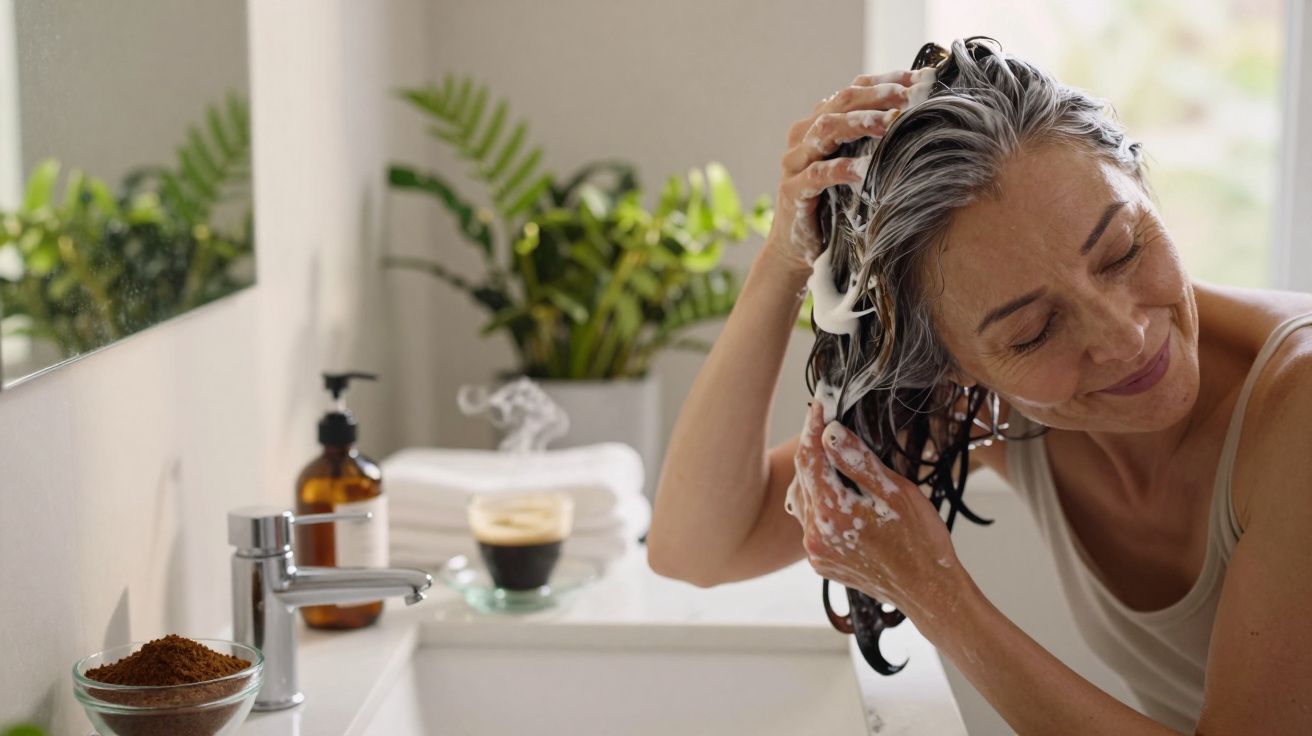 Mulher sorrindo lava o cabelo com shampoo em banheiro claro com plantas e toalhas ao fundo.