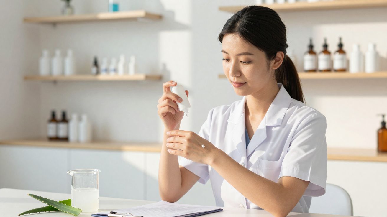 Mulher em jaleco aplicando creme na mão em ambiente de laboratório com produtos naturais ao fundo.