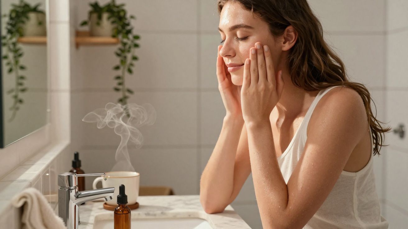 Mulher aplica creme facial em frente ao espelho em banheiro iluminado com plantas ao fundo.