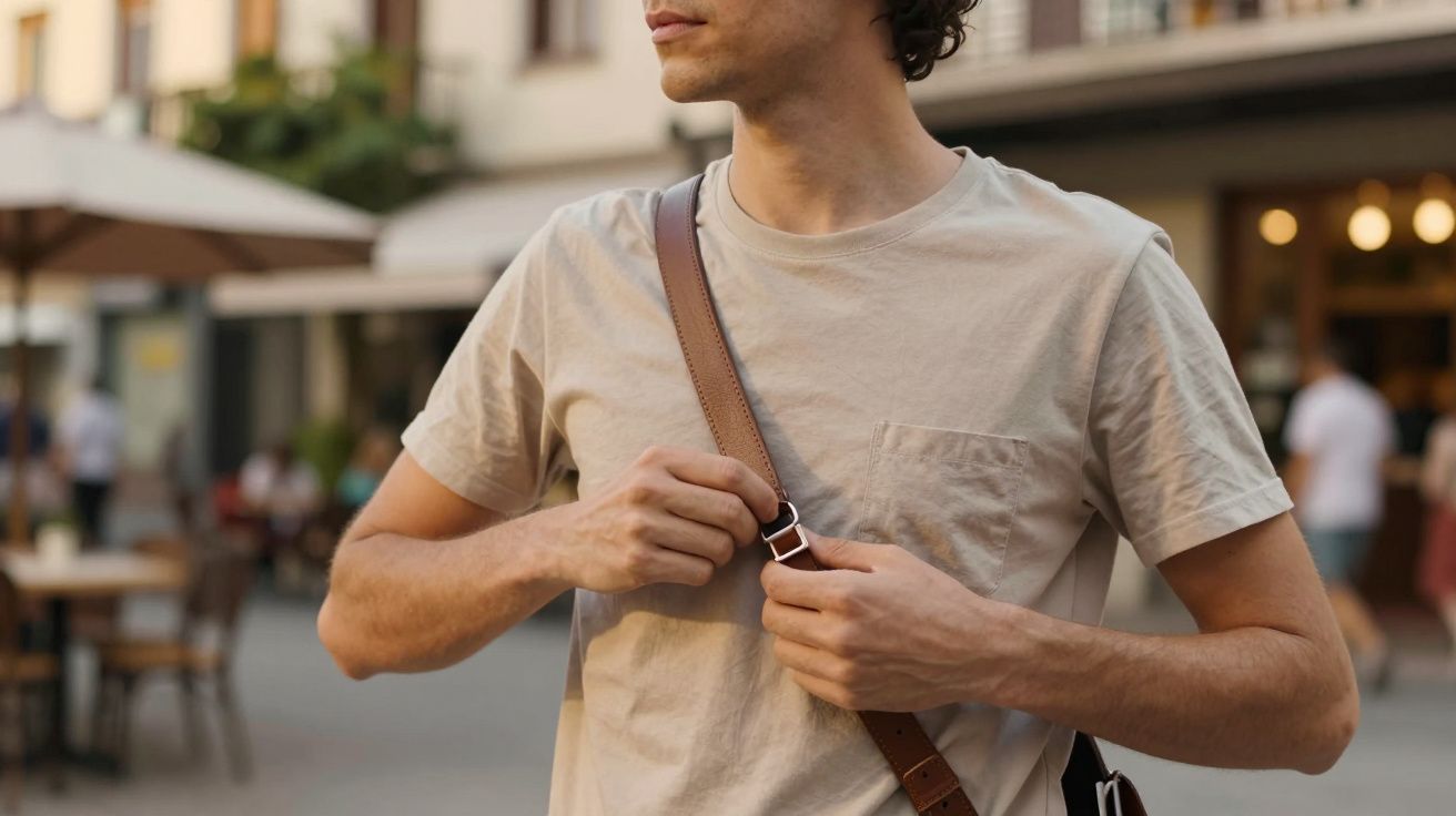 Homem vestindo camiseta bege ajusta alça de bolsa transversal em área urbana ao ar livre.