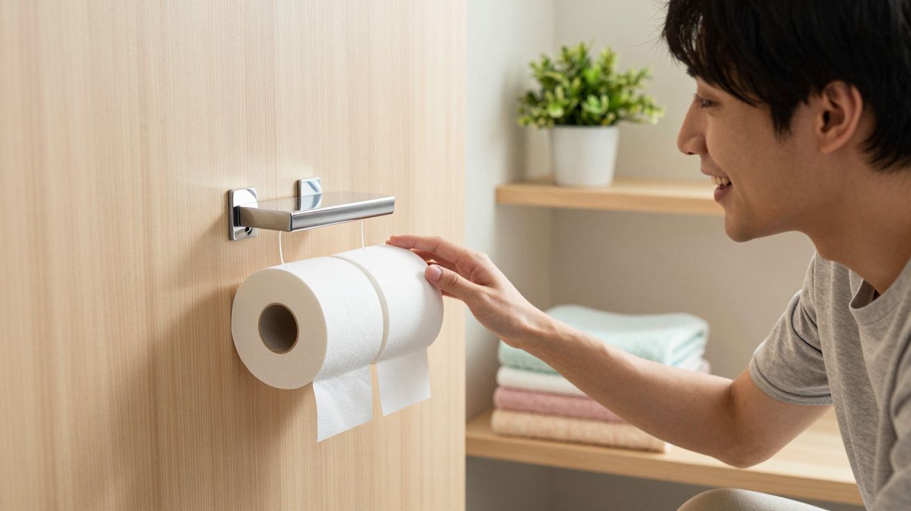 Homem sorridente colocando dois rolos de papel higiênico juntos em um suporte na porta do banheiro.