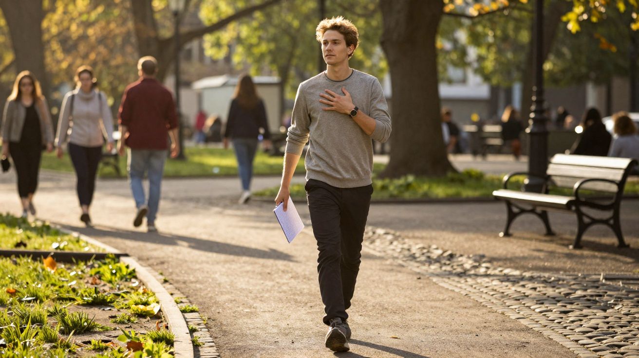 Jovem caminhando em parque urbano ao entardecer com folhas no chão e outras pessoas ao fundo.