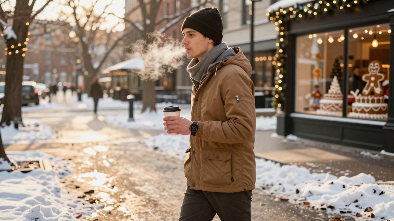 Homem vestindo jaqueta e gorro caminha na rua com neve, segurando café em xícara descartável.