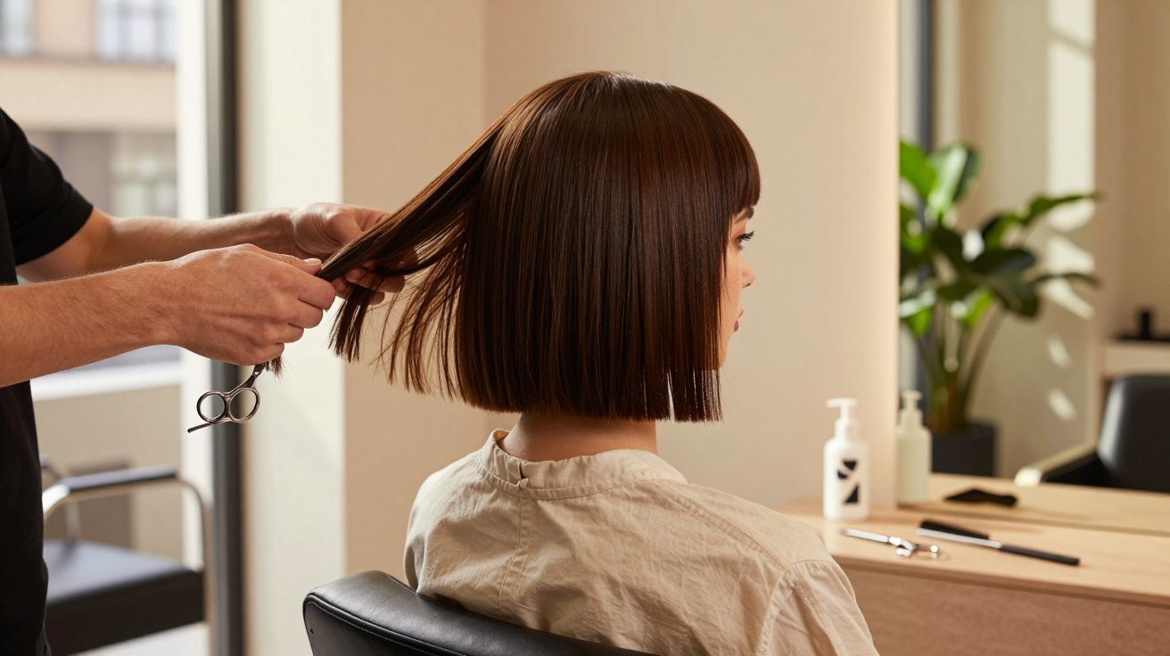 Mulher com cabelo curto e castanho sendo cortado por cabeleireiro em salão iluminado.